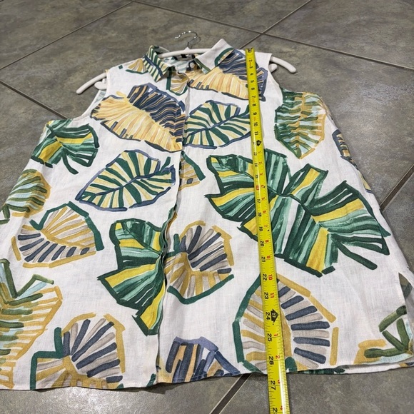 Lafayette 148 New York Green Leaf Blouse Sz L 100% Linen Button Down Top Coastal - Picture 7 of 7